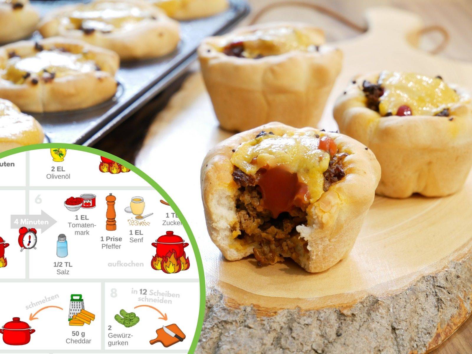 Vorschaubild Sketchrezept für Cheeseburger Muffins Vorschaubild Sketchrezept für Cheeseburger Muffins